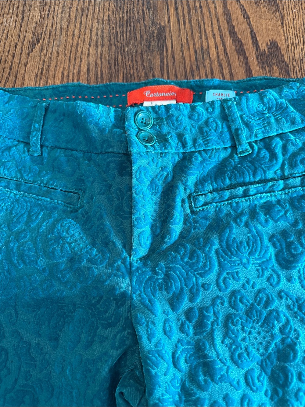 Cigarette Pants Anthropologie Velvet Burnout Teal Floral Cartonnier Size 6 - Picture 10 of 16